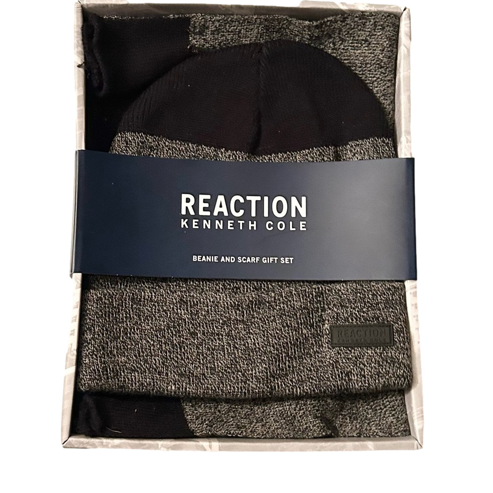 Kenneth Cole Beanie and Scarf Set Black Grey NWT